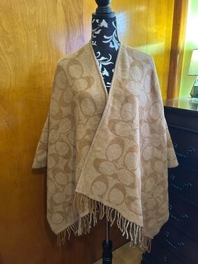 Coach Neutral Signature Jacquard Fringe Wrap in Taupe